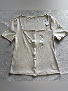 NWT Gap Cream Ribbed Square Neck Button Front Henley Top Blouse Size L
